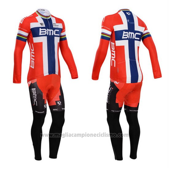 2014 Abbigliamento Ciclismo BMC Campione Norvegia Blu e Rosso Manica Lunga e Salopette
